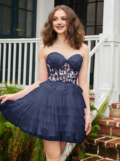 Transparent decal tight corset layered sheer short Homecoming dress