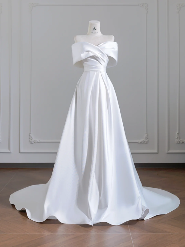 White satin off-the-shoulder fitted waist long ball gown/bridal dress R8252