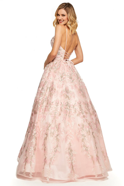 A-line V-neck sheer lace applique thin shoulder strap and floor length evening dress