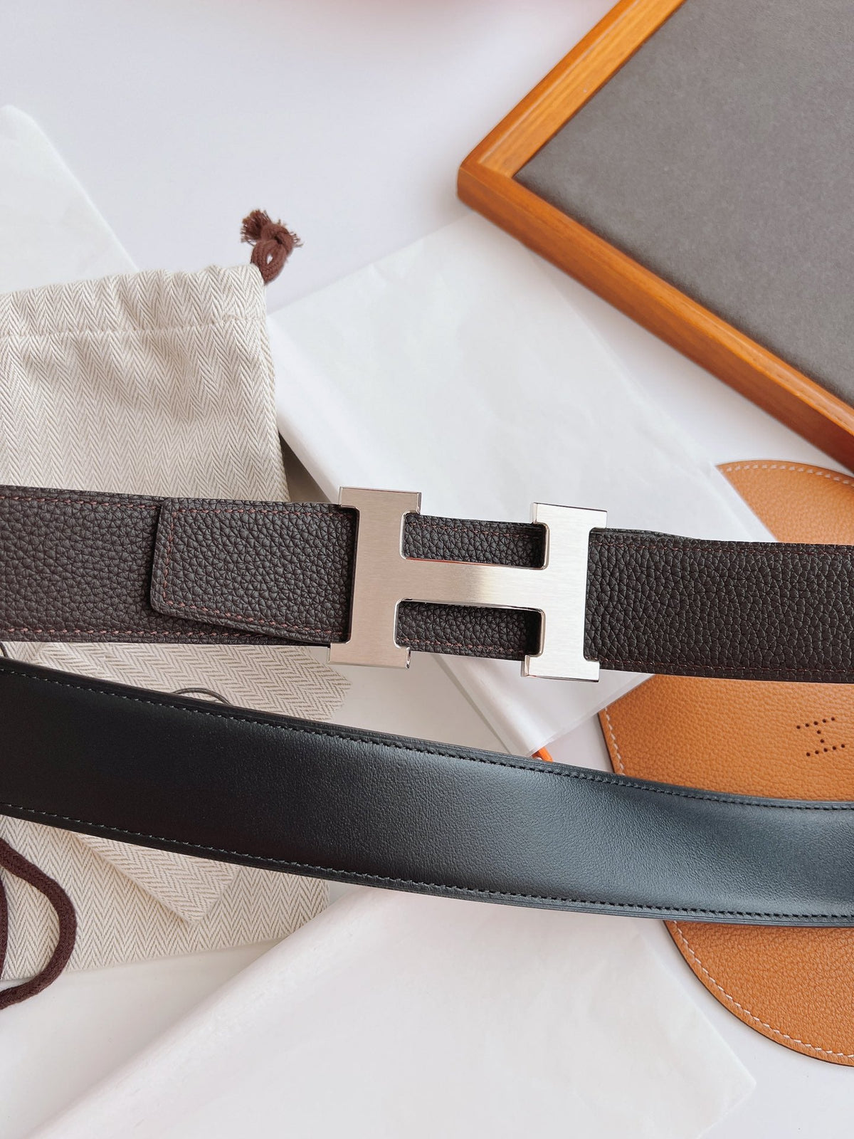 HERMES BELT TOGO SWIFT SILVER BUCKLE BROWN 38MM