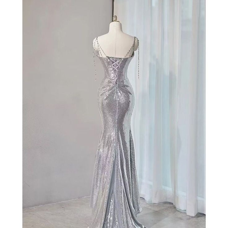 Elegant Silver Sequin Spaghetti Strap Mermaid Evening Gown TP5103