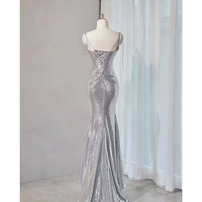 Elegant Silver Sequin Spaghetti Strap Mermaid Evening Gown TP5103