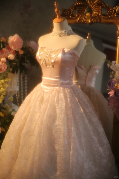 Vintage Pink Satin Strapless Sequin Bow Lace Tulle Skirt Sweet 15 Quinceanera Ball Gown TP5512