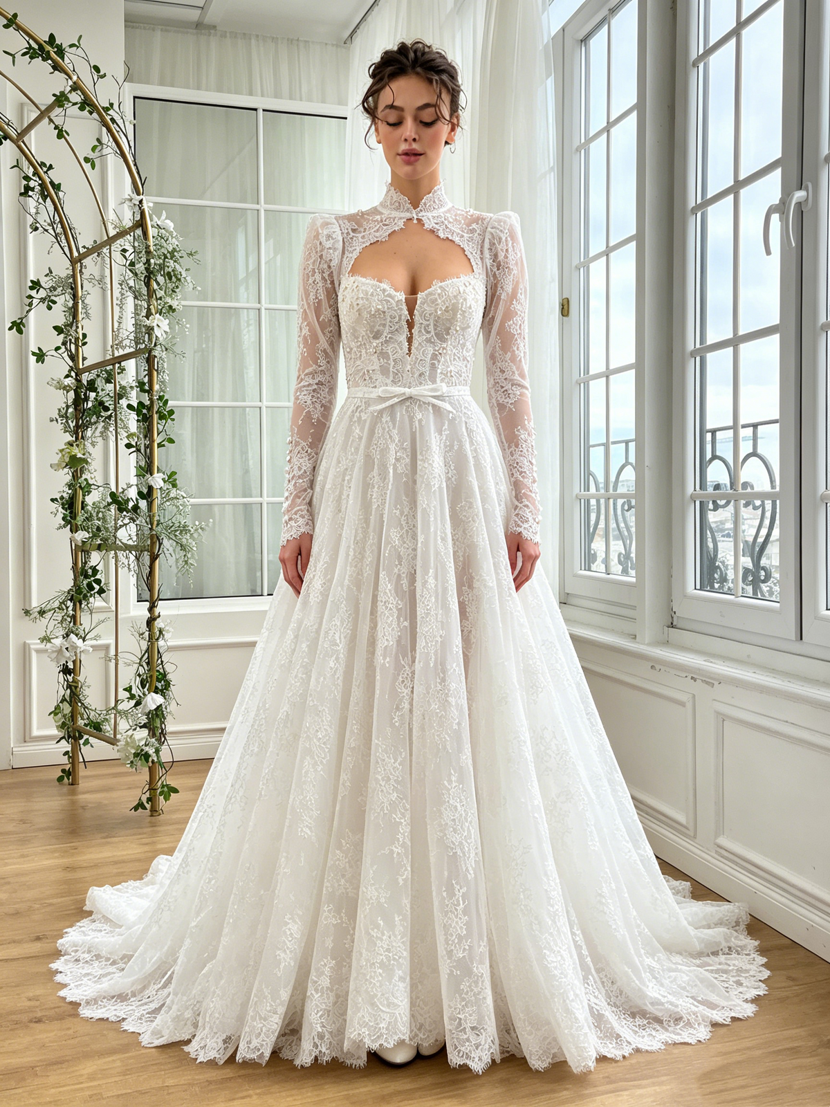 Vintage High Neck Floral Lace Long Sleeve A-Line Wedding TP5914