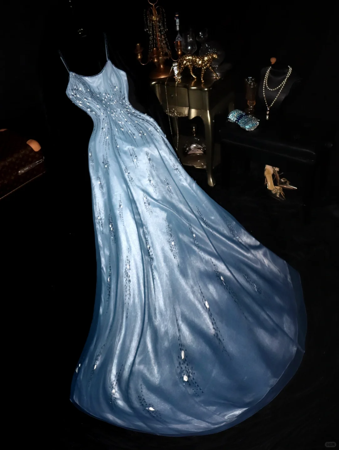 Elegant Sky Blue Satin Spaghetti Strap Embroidery A-Line Evening Gown TP5343