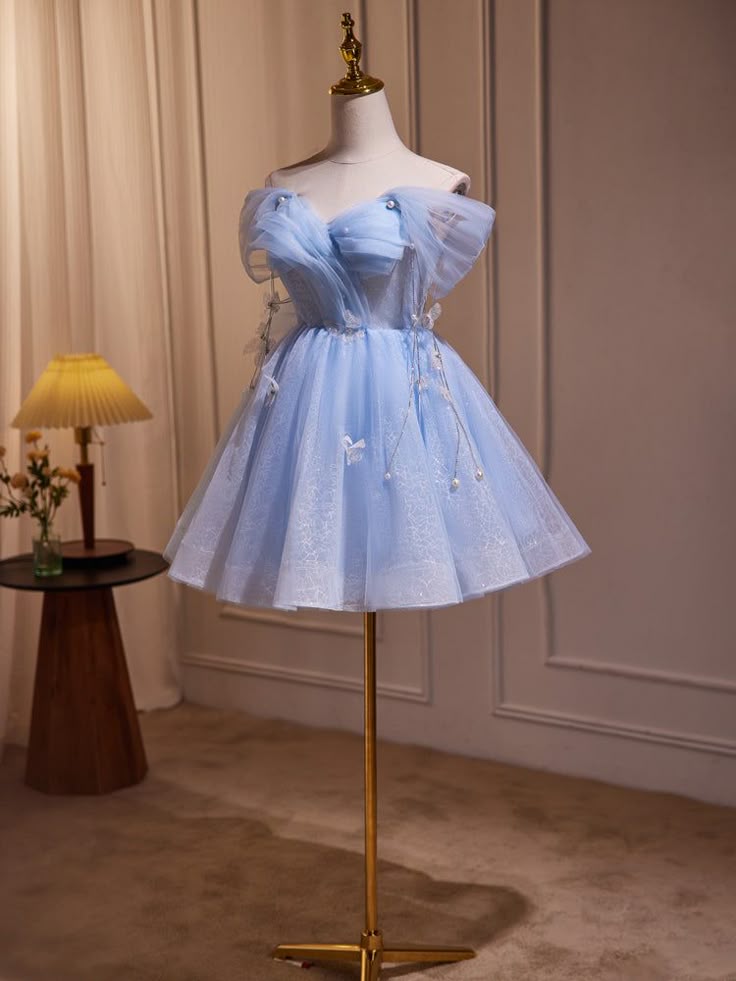 New Fashion Light Blue Pearl Design A-line Off-the-shoulder Puffy Homecoming Dress TP3413