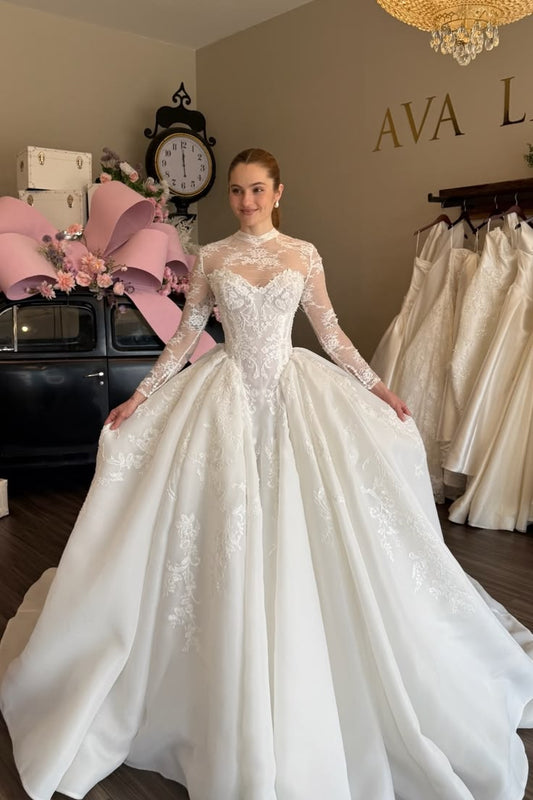 Elegant Ivory High Neck Illusion Long Sleeve Floral Lace Appliques Chapel Train A-Line Wedding Dress TP5904