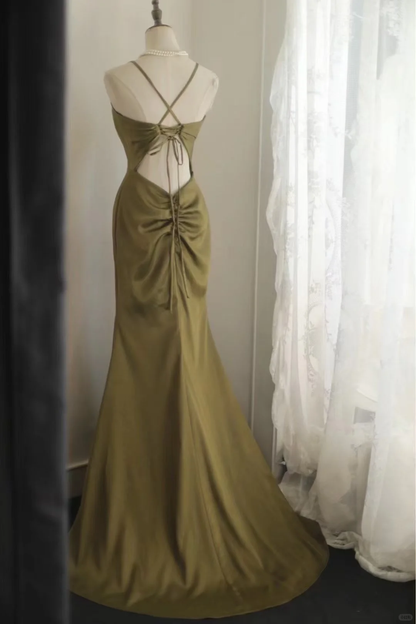 Elegant Olive Green Satin Mermaid Evening Gown Spaghetti Strap V-Neck Prom Dress TP5639