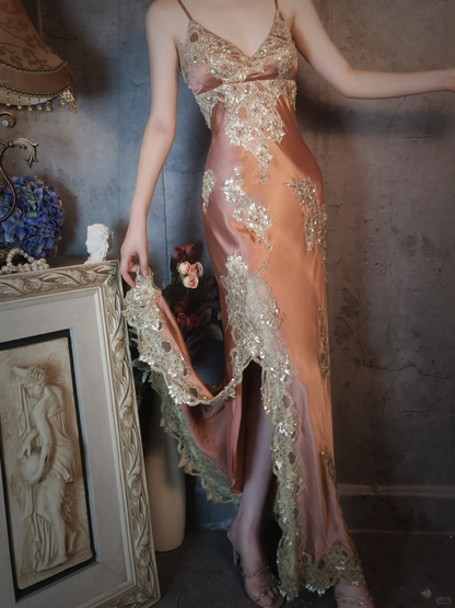 Vintage Champagne Sparkling Beaded Spaghetti Strap Design Elegant Satin Evening Dress Prom Dress TP4029