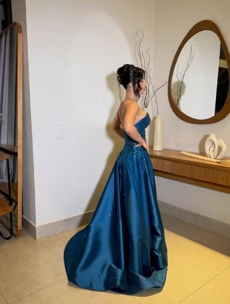 Vintage Royal Blue Strapless Satin A-Line Beaded Evening Gown TP5898