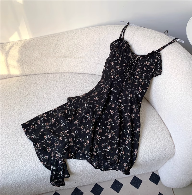 New Fashion Floral Design A-line Black High-waist Sleeveless Spaghetti Strap Dress TP3258