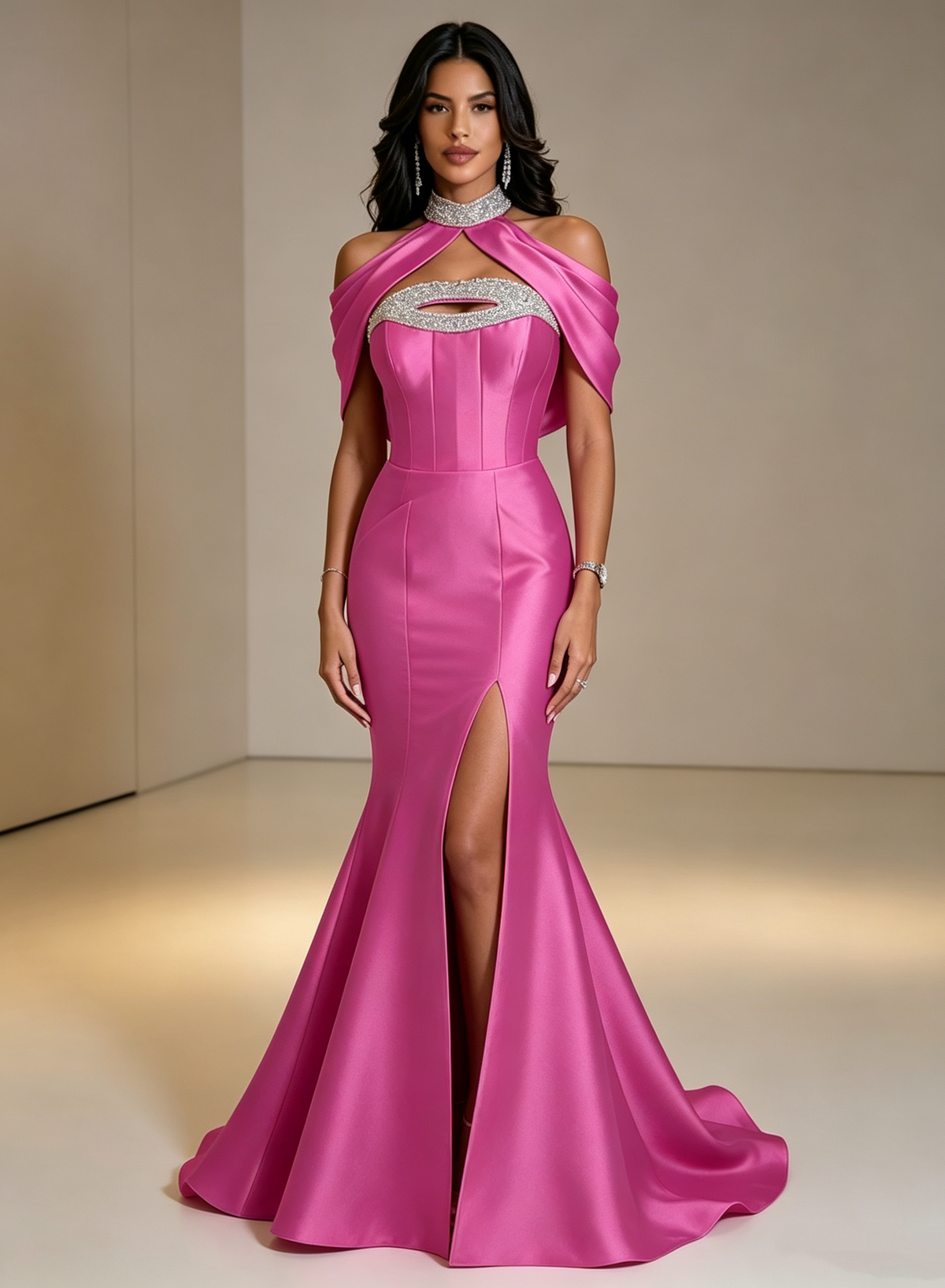 Vintage Hot Pink Satin Mermaid Beaded Cold Shoulder High Slit Sweep Train Formal Evening Gown TP5932