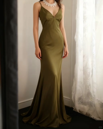 Elegant Olive Green Satin Mermaid Evening Gown Spaghetti Strap V-Neck Prom Dress TP5639