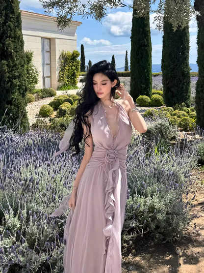 Ethereal Chiffon Halter Neck Evening Gown Floral Prom Dress TP5707