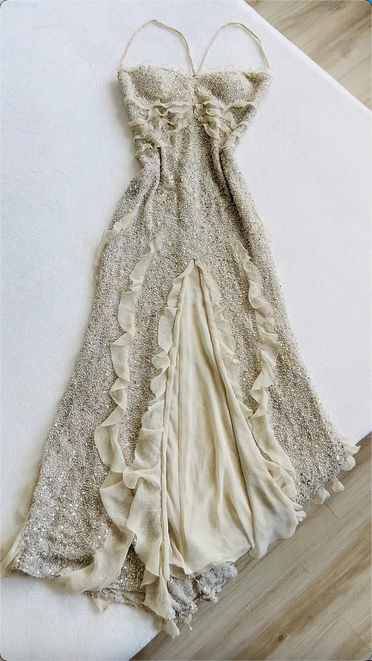 Enchanting Shiny Sequin Beaded Prom Dress Sheath Spaghetti Strap Evening Dress Long Formal Dress TP4696