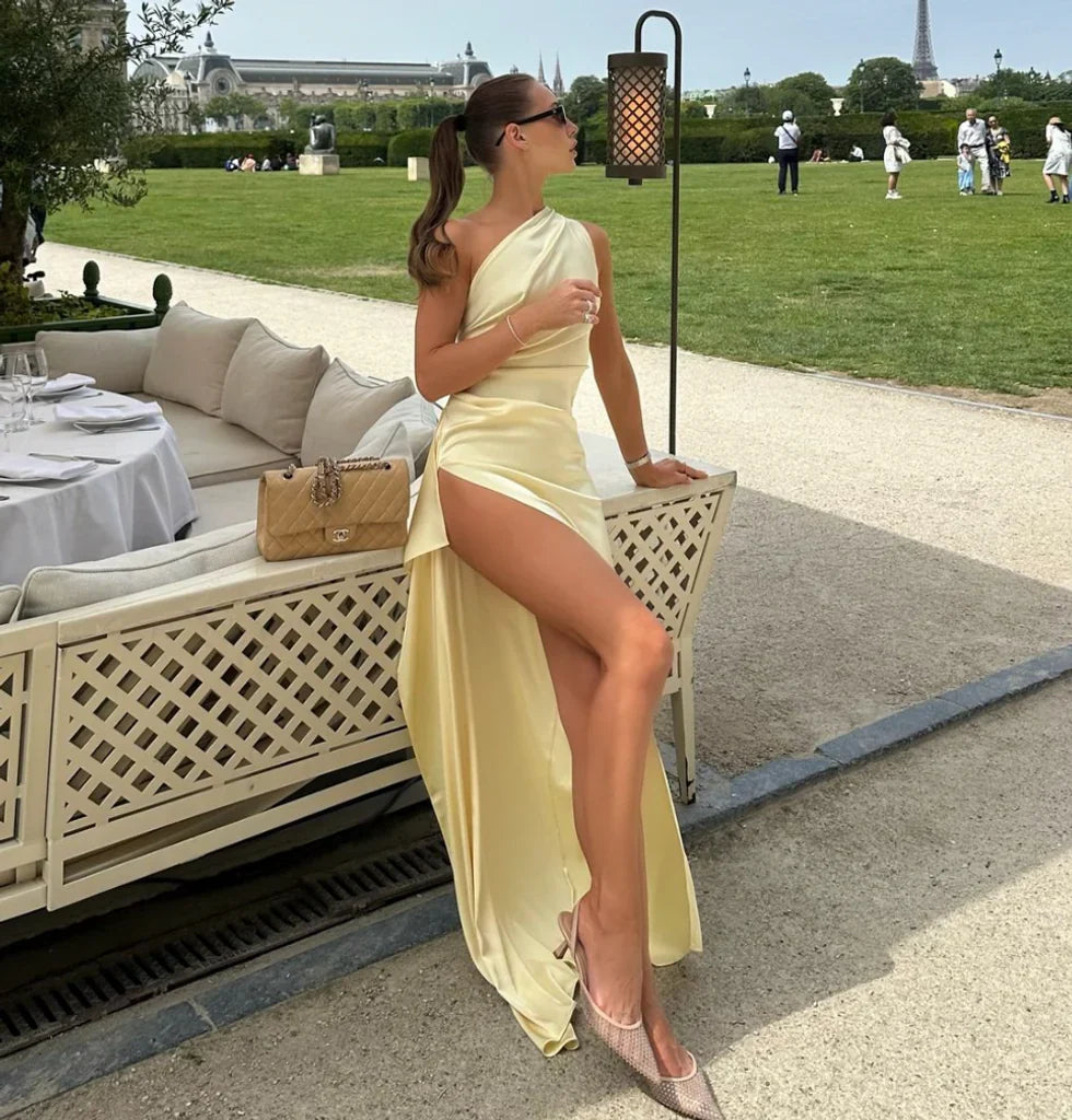 Yellow One Shoulder Prom Dress Sexy Evening Gowns