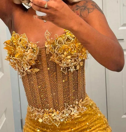 Gold Mermaid Prom Dress Evening Formal Party Birthday Engagement Gowns