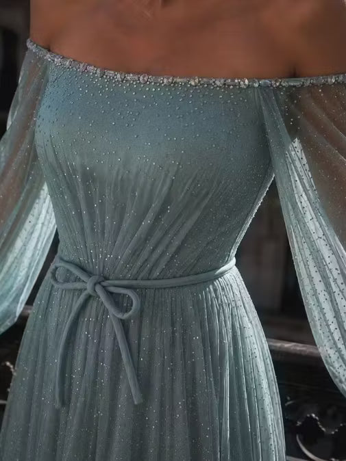 Vintage Dusty Sage Sparkle Tulle Off-the-Shoulder Long Sleeve A-Line Evening Gown TP5899