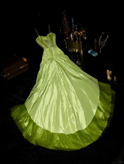 Glamorous Lime Green Satin Spaghetti Strap Beaded Evening Gown TP5356
