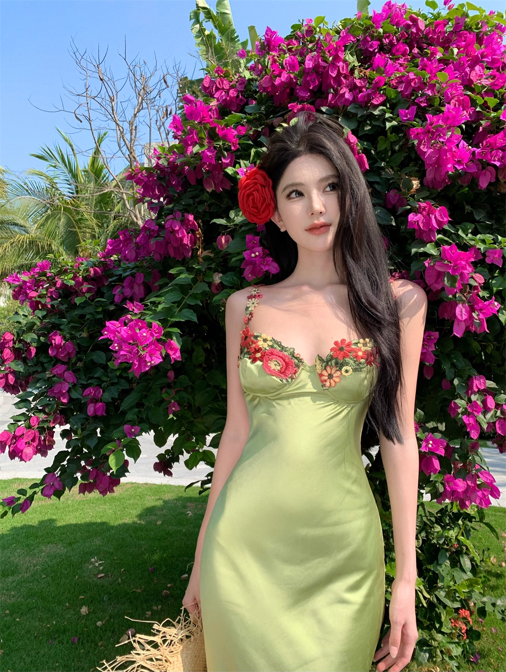 Vintage Green Floral Mermaid Spaghetti Strap Design Satin Prom Dress Evening Dress TP4226