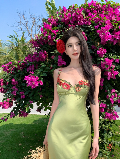 Vintage Green Floral Mermaid Spaghetti Strap Design Satin Prom Dress Evening Dress TP4226