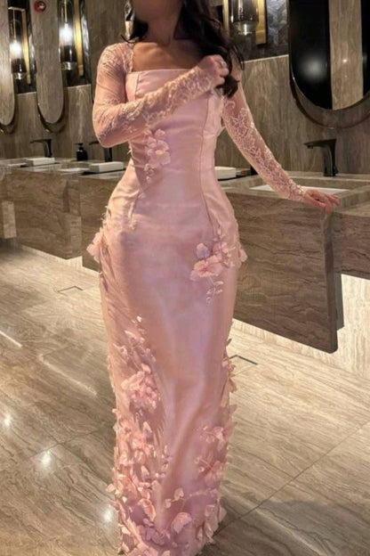 Pink Handmade Floral Long-Sleeved Satin Evening Gown gh7076