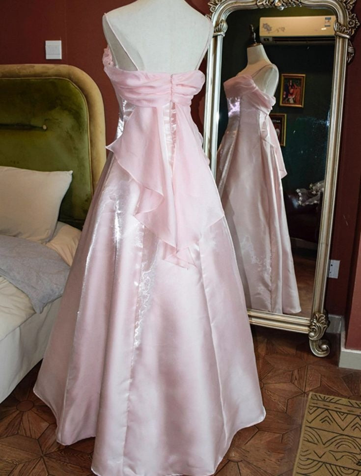 Vintage Satin A-Line Prom Dress Spaghetti Straps Evening Gown TP5803