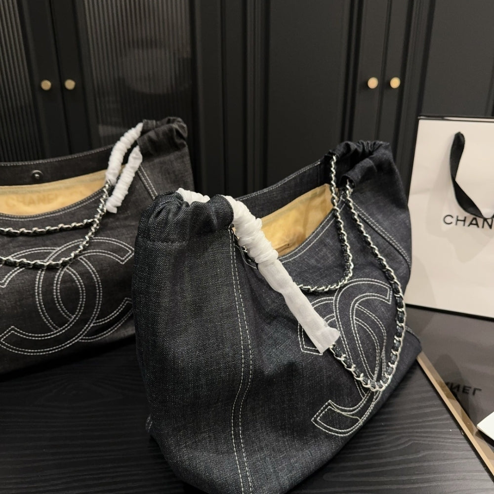 Chanel Large Tote Bag Black Denim Chain Strap 36Cm