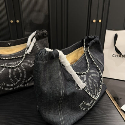 Chanel Large Tote Bag Black Denim Chain Strap 36Cm