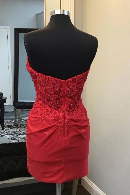 Fashion Ruby Applique Beaded Bodycon Design A-line Sweetheart Strapless Short Homecoming Dress TP3578
