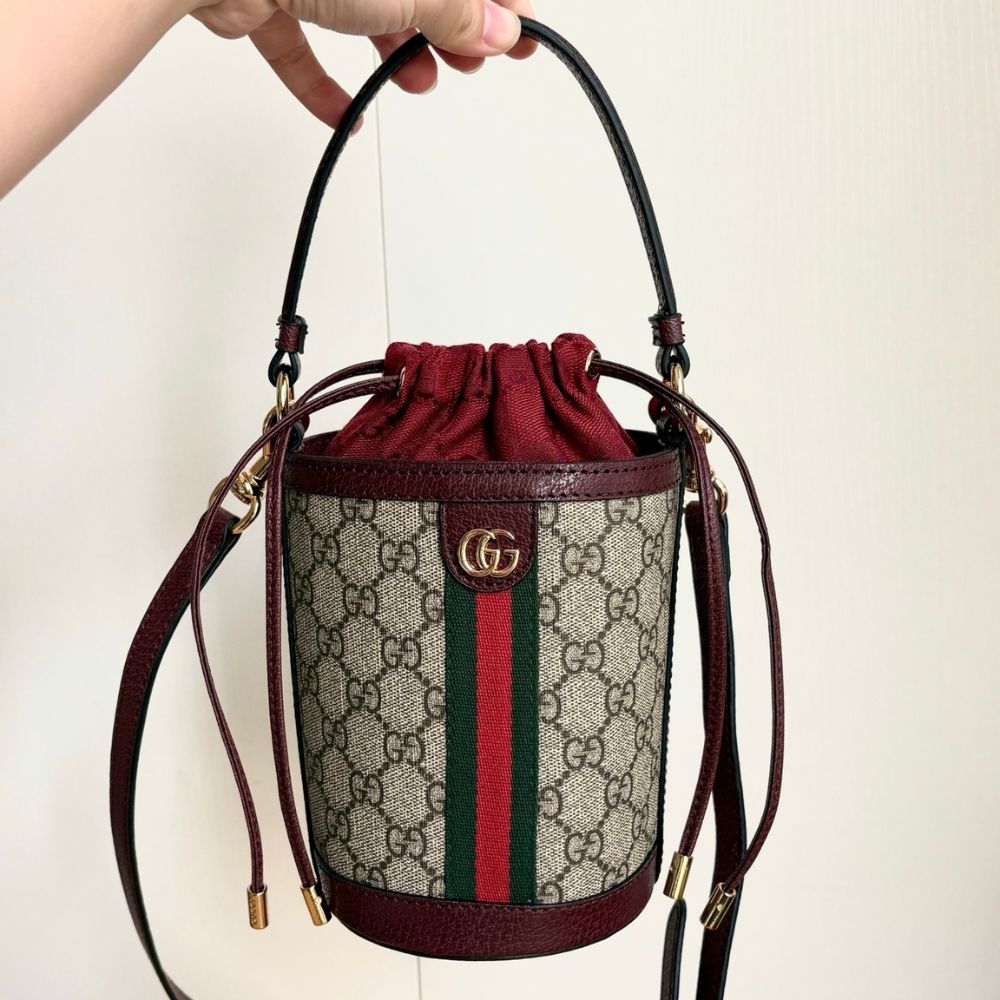 Gucci Ophidia Mini Bucket Bag Beige And Dark Red 20Cm