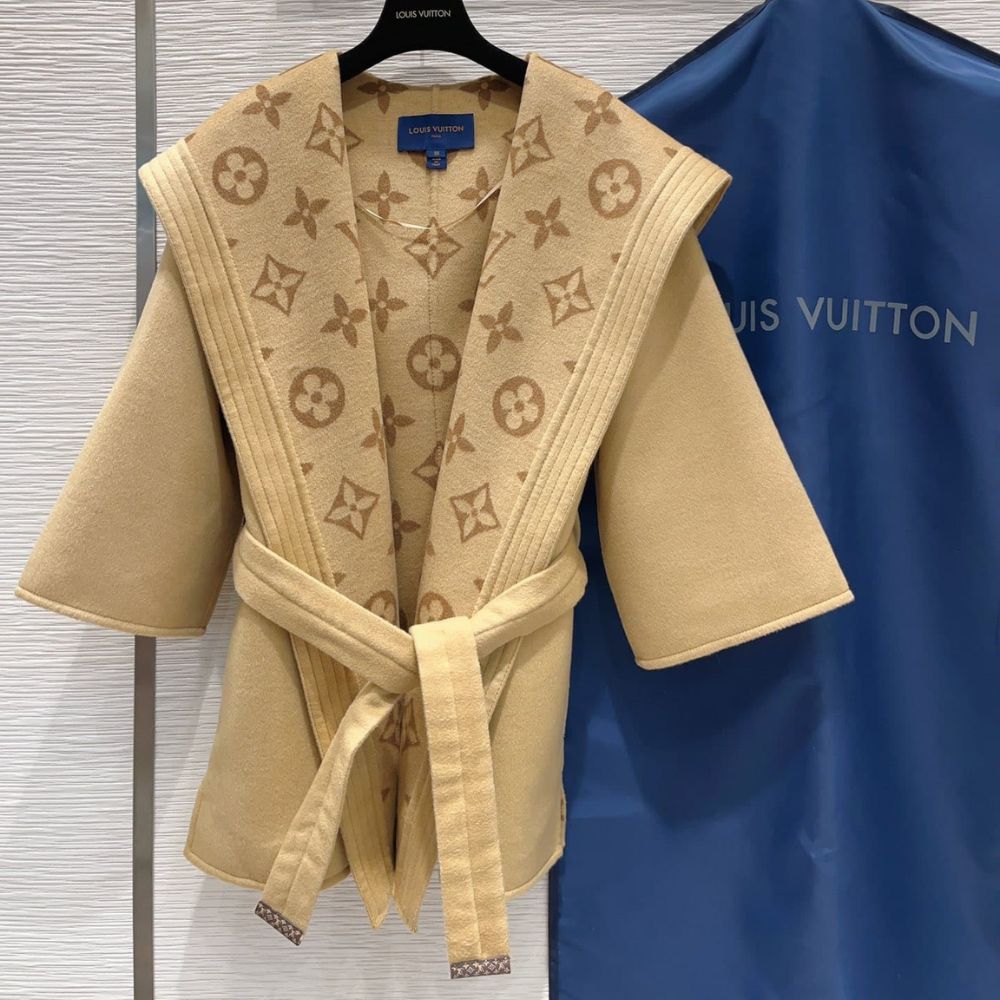 Louis Vuitton Signature Hooded Wrap Robe Coat Beige 1AB713