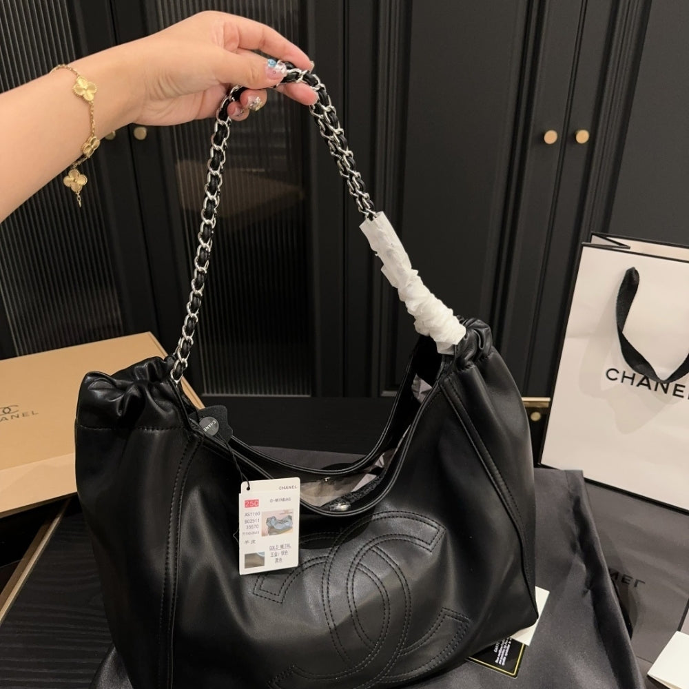 Chanel Large Hobo Bag Black Leather Chain Strap 36Cm