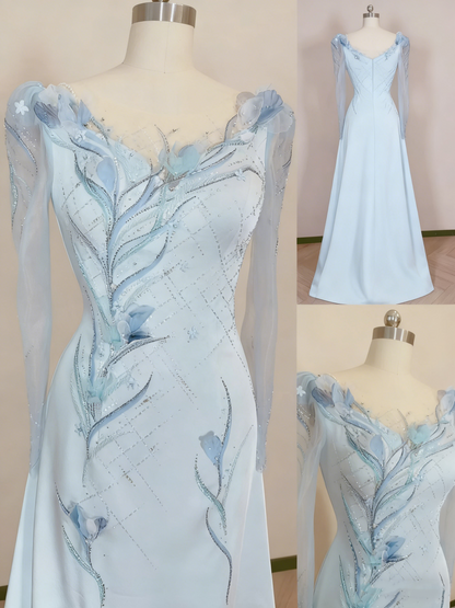 Formal Dress Light Blue Satin Sheer Long-Sleeve Beaded Floral Floor-Length Gown  gh6389