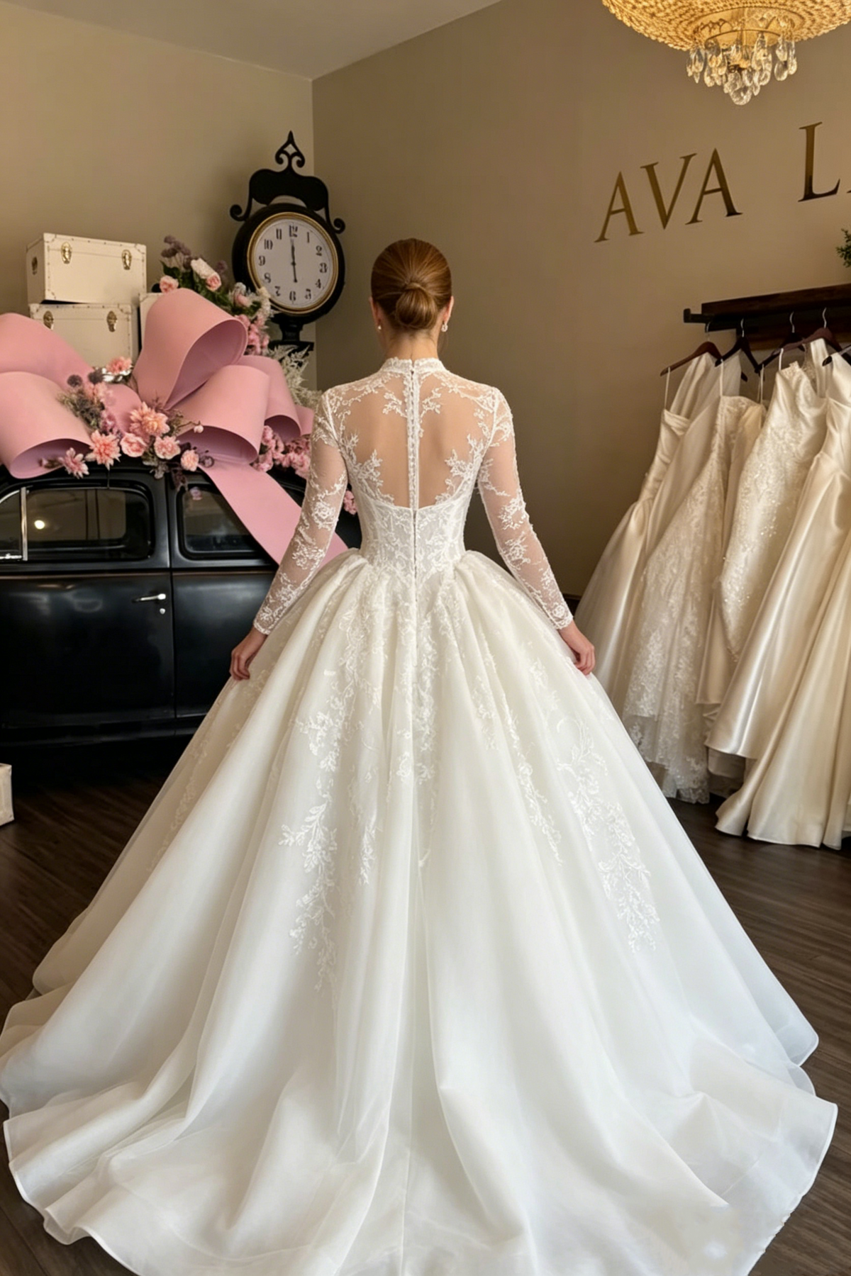 Elegant Ivory High Neck Illusion Long Sleeve Floral Lace Appliques Chapel Train A-Line Wedding Dress TP5904
