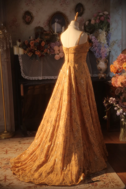 Vintage Mustard Yellow Sequin Floral Embroidery Spaghetti Strap Evening Gown TP5520