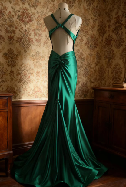Stylish Green V Neck Satin Backless Long Mermaid Party Dress Formal Wedding Guest Dress SP1204