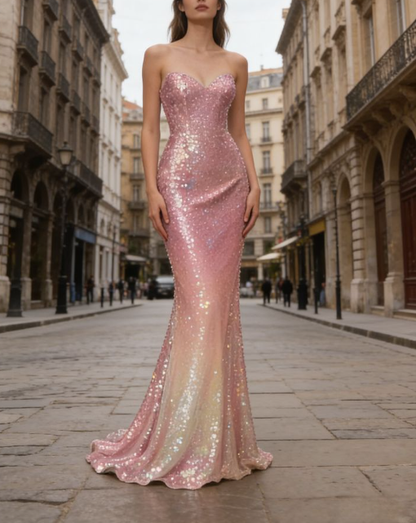 Sparkly Spaghetti Straps Pink Sequin Mermaid Long Party Dress Evening Gown