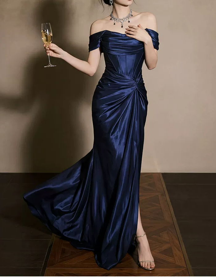 Vintage Navy Blue Off-the-Shoulder Satin Mermaid Long Evening Gown TP5877