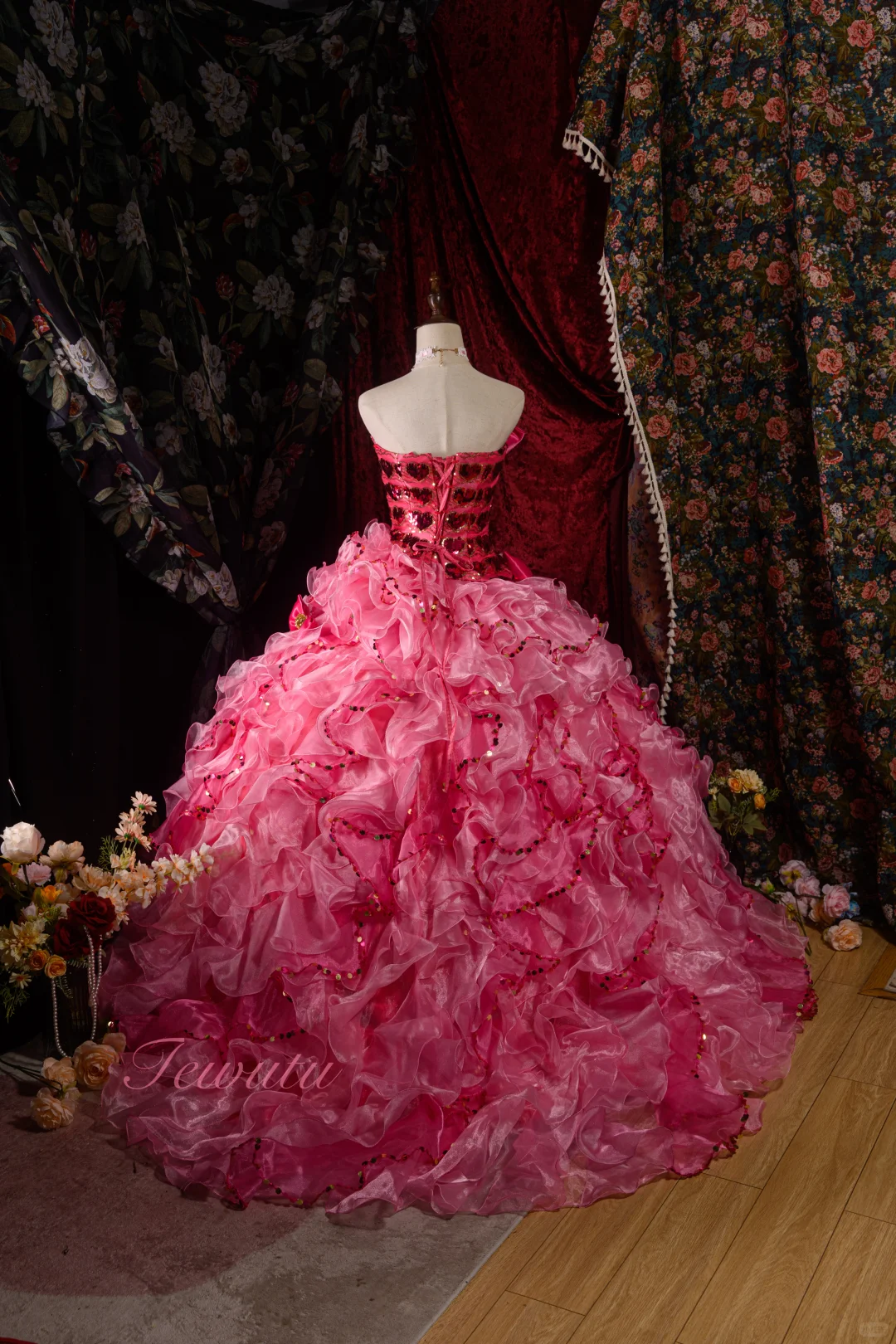 Vintage Hot Pink Sequin Strapless Ball Gown Ruffled Layers Bow Embellishments Quinceañera Formal Dress TP5114