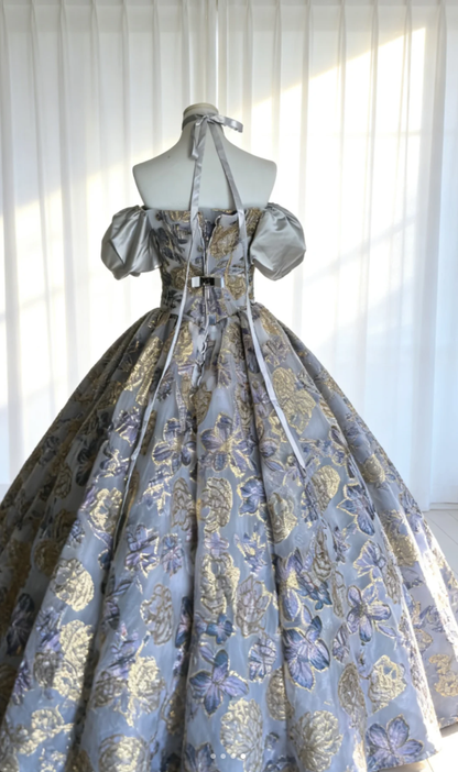 Charming Purple Satin Print Floral Ball Gown Off The Shoulder Formal Quinceanera Dress SP1634