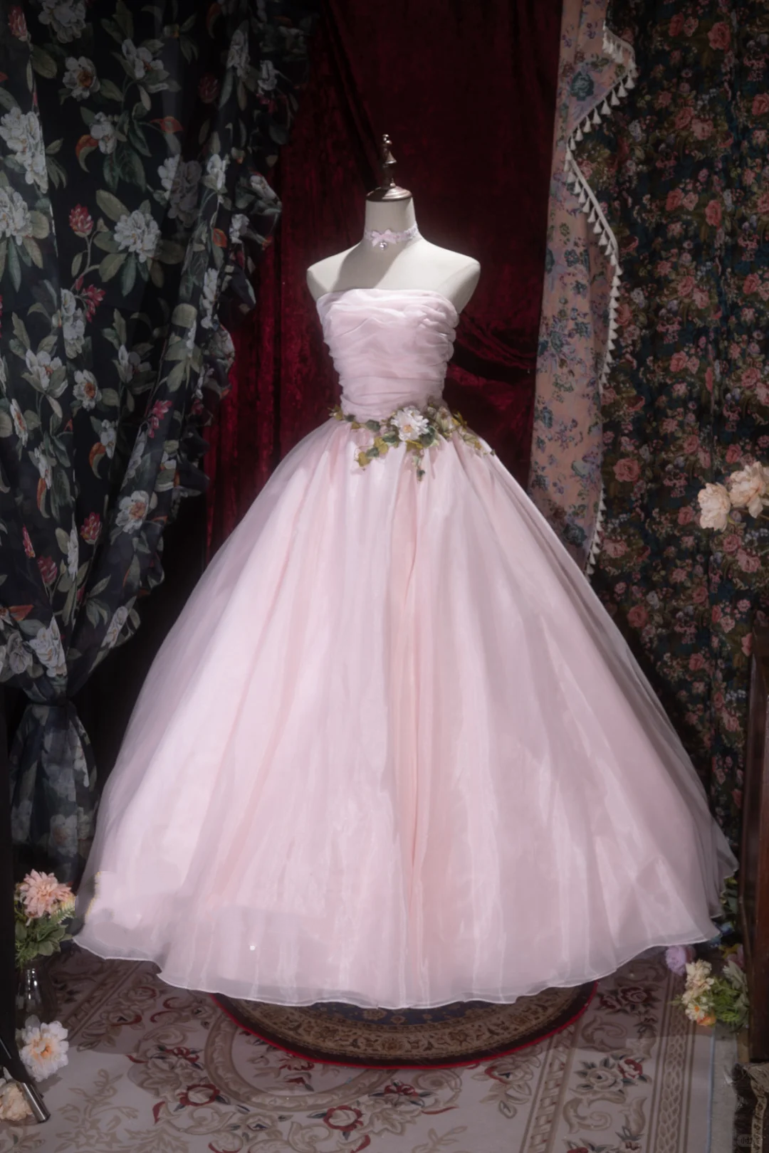 Gorgeous Pink Strapless Tulle Floral Ball Gown Evening Dress TP5793