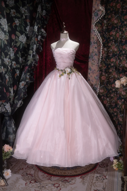 Gorgeous Pink Strapless Tulle Floral Ball Gown Evening Dress TP5793