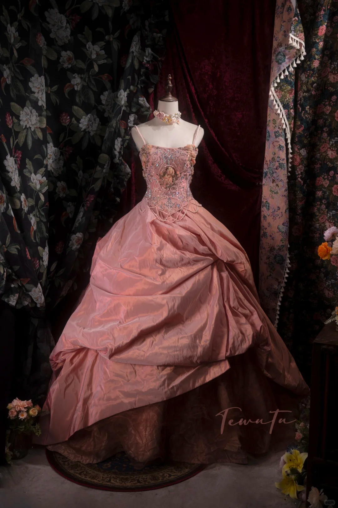Gorgeous Pink Spaghetti Strap Beaded Floral Ball Gown TP5795