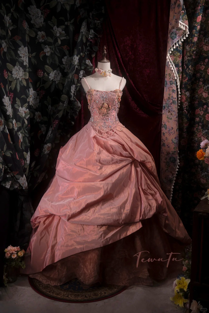 Gorgeous Pink Spaghetti Strap Beaded Floral Ball Gown TP5795