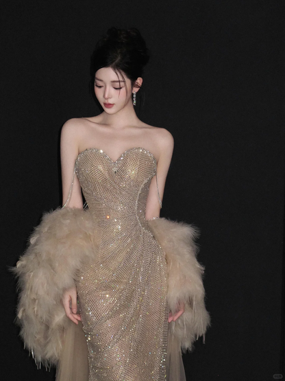 Light Gold Strapless Sequin Waist-Cinched Fitted Long Elegant Evening Dress, Fairy Gown, Romantic Gown gh7373