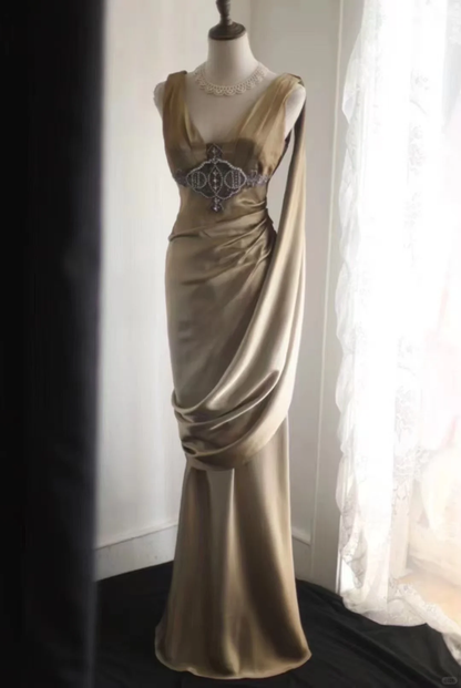 Elegant Satin Deep V-Neck Mermaid Evening Gown Beaded Draped Prom Dress TP5628
