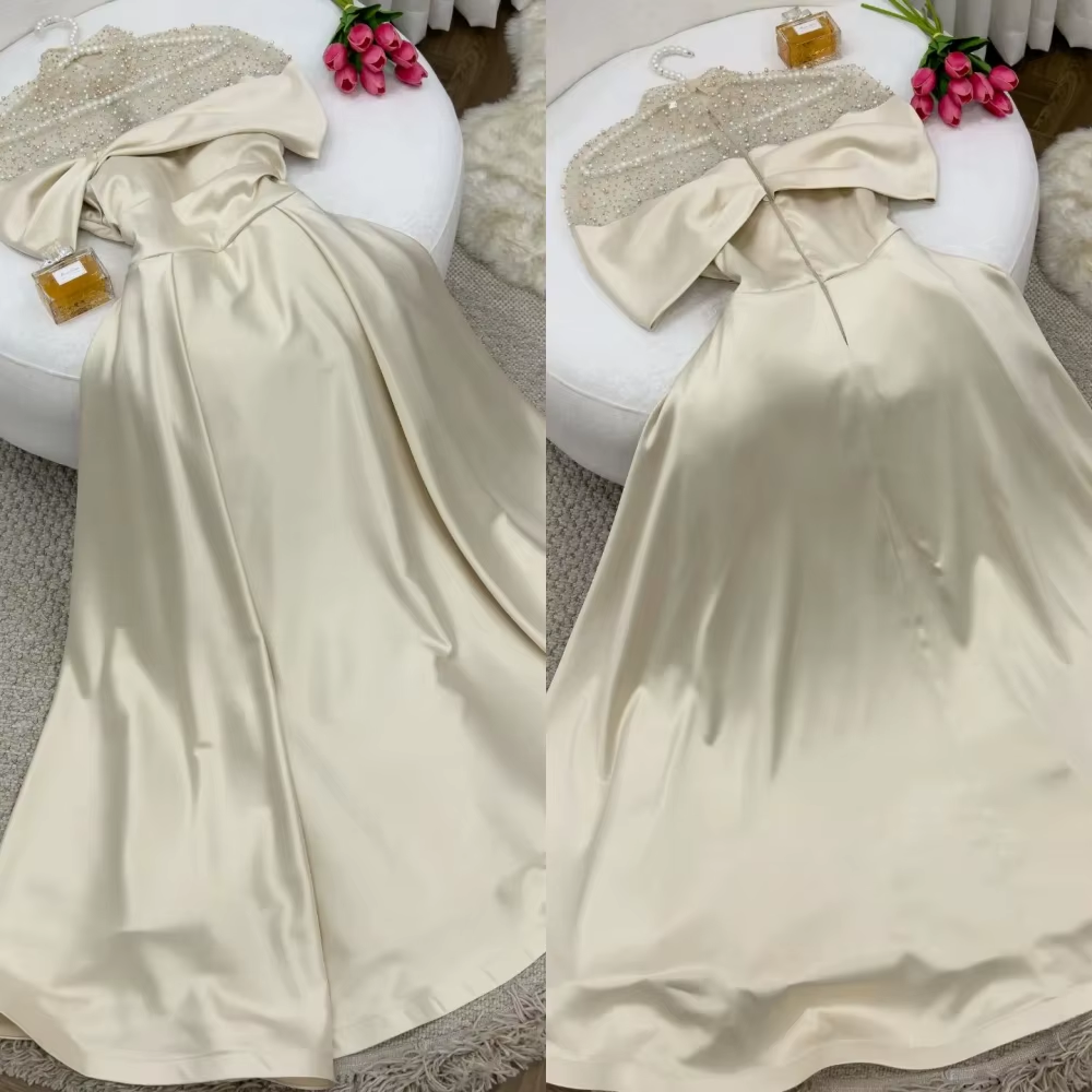 Elegant A-Line Evening Gown Elegant Dress Formal Floor Length Short Sleeve Illusion Neck Satin with Ruched Beading Prom Dress C3284