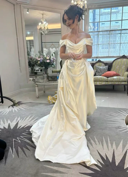 Simple White Off The Shoulder Satin Strapless Pleated Wedding Dress Y8740
