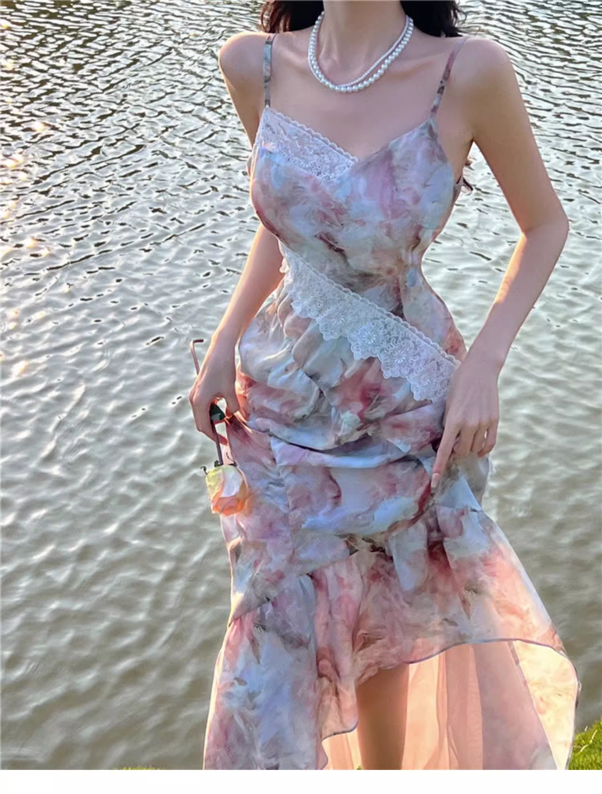 New Fashion Elegant Floral Design Mermaid Spaghetti Strap Dress TP3021